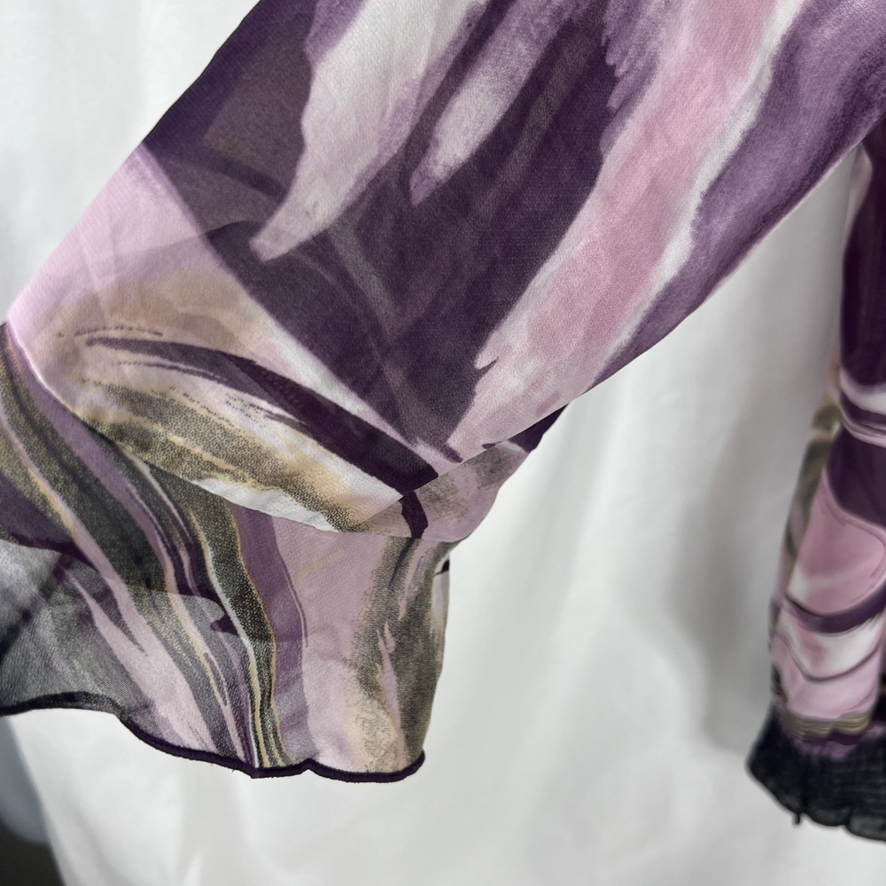 NICOLA Women's Sheer Purple Blouse Size L Abstract Print Long Sleeve Button-Up - Picture 7 of 15